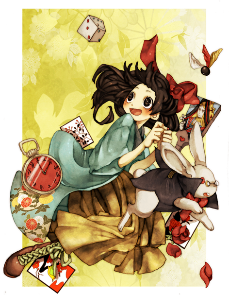 alice_in_wonderland, boots, brown_eyes, brown_hair, bunny, card, clock, dice