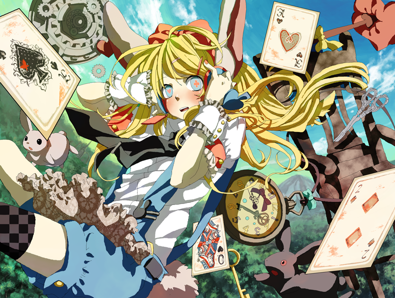 alice_(wonderland), alice_in_wonderland, blonde_hair, blue_eyes, bunny, card, chair, clock