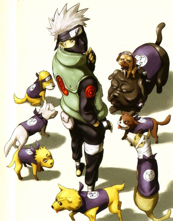 bandages, bisuke_(naruto), bull_(naruto), closed_eyes, collar, dog, fingerless_gloves, forehead_protector