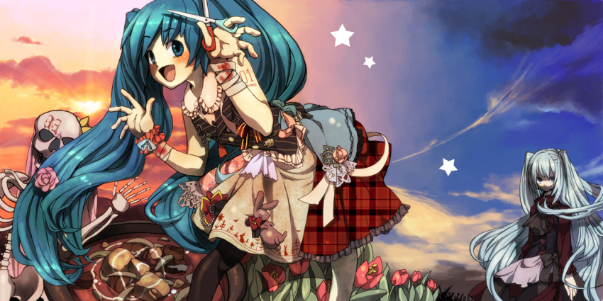 aqua_hair, bandage, bandages, blood, blue_hair, doku_imouto_ko, dress, flower