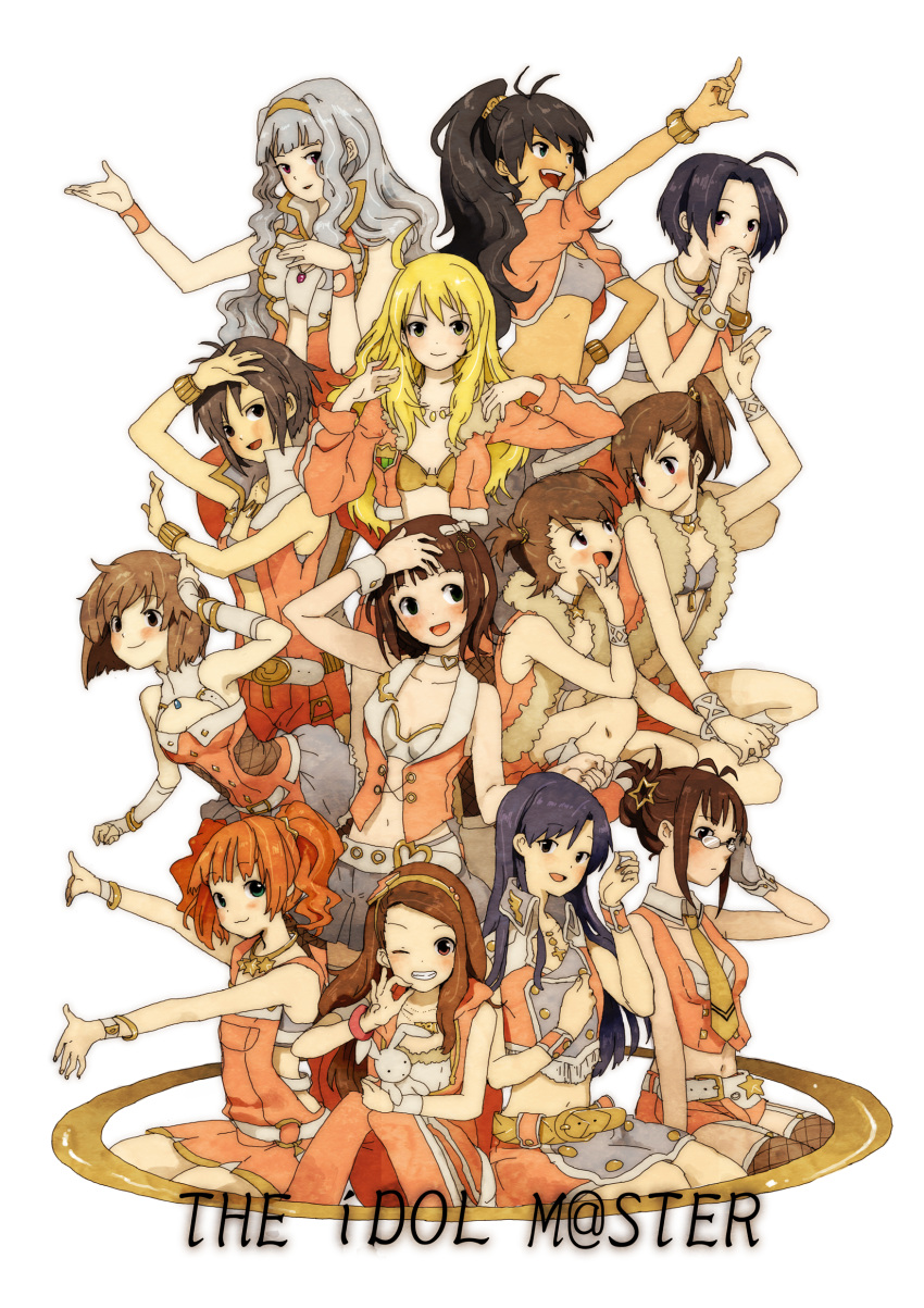 absurdres, ahoge, akizuki_ritsuko, amami_haruka, antenna_hair, belt, blonde_hair, blue_hair, blush, bracelet, breasts, brown_hair, cleavage, cool_&amp;_sexy_(idolmaster), cross, cross_necklace, doku_imouto_ko, fingerless_gloves, futami_ami, futami_mami, ganaha_hibiki, glasses, gloves, grin, hagiwara_yukiho, hairband, hand_on_hip, highres, hips, hoshii_miki, idolmaster, jewelry, kikuchi_makoto, kisaragi_chihaya, long_hair, looking_at_viewer, midriff, minase_iori, miura_azusa, multiple_girls, navel, necktie, open_mouth, orange_hair, ponytail, shijou_takane, short_hair, side_ponytail, silver_hair, skirt, smile, stuffed_animal, stuffed_bunny, stuffed_toy, takatsuki_yayoi, thigh-highs, thighhighs, twintails, wink