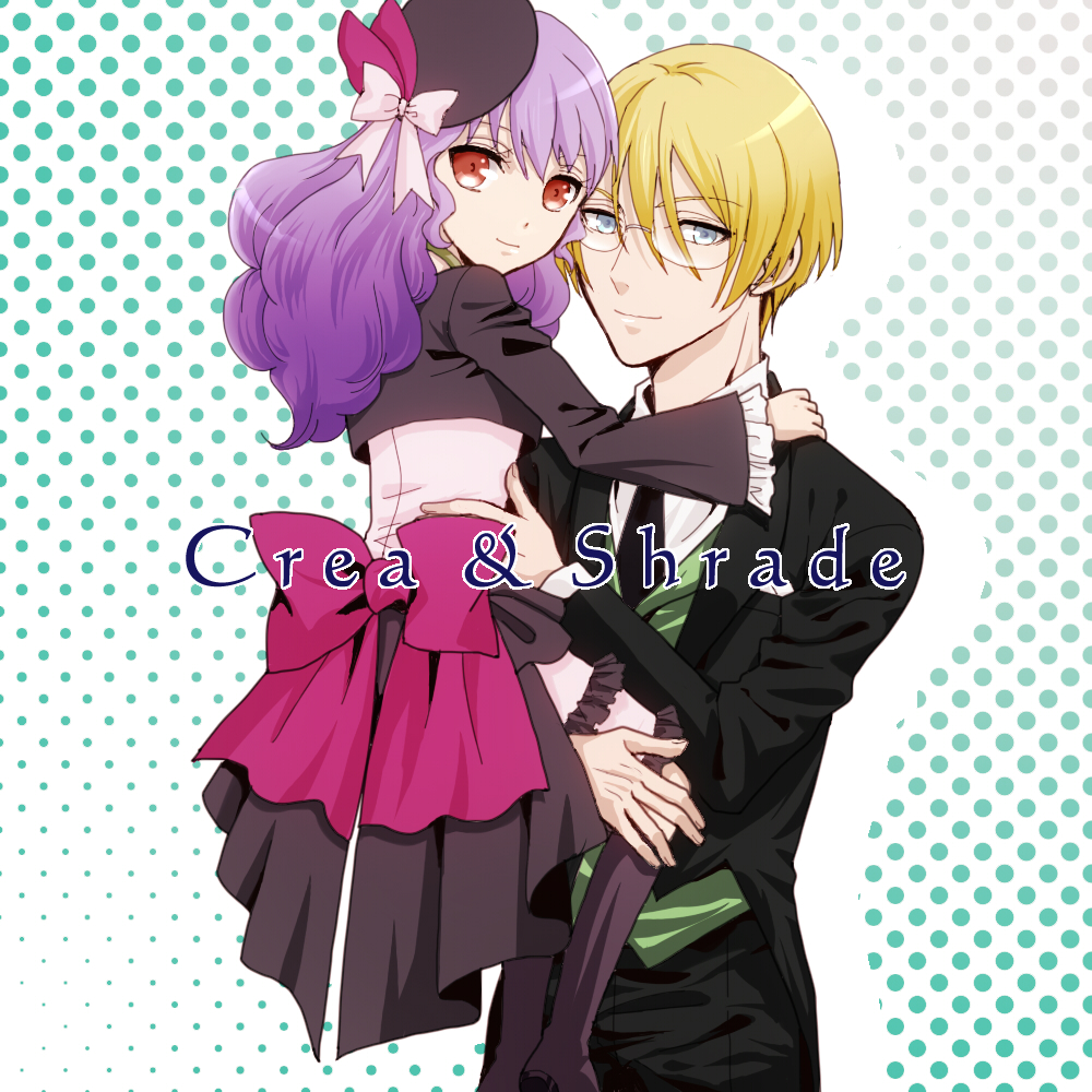 1girl, akka_(raayu009), aquarion_(series), aquarion_evol, blonde_hair, blue_eyes, boots, brown_eyes, character_name, crea_dorosera, crea_torosera, formal, glasses, hat, looking_at_viewer, polka_dot, polka_dot_background, purple_eyes, purple_hair, shrade_elan, suit, text, violet_eyes