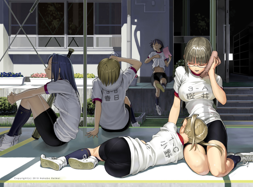 ass, bangs, baseball_bat, bike_shorts, blonde_hair, blue_hair, blunt_bangs, breasts