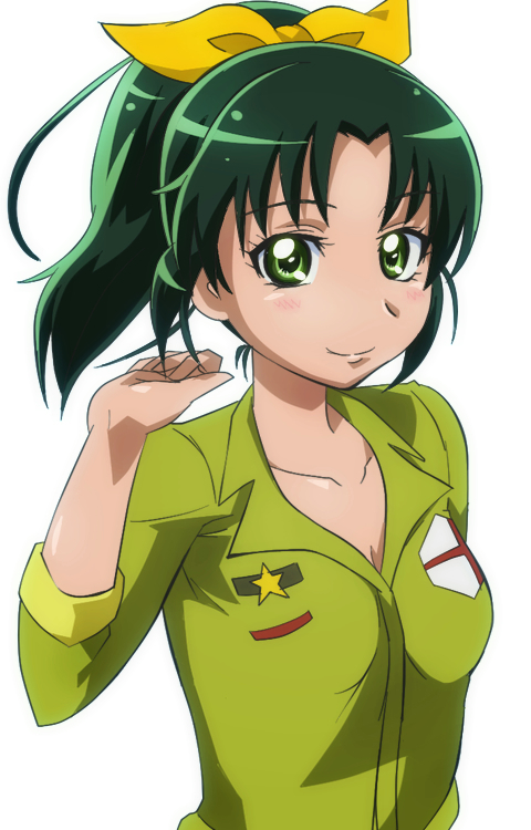 bow, breasts, cleavage, english_flag, green_eyes, green_hair, hair_bow, manji_(tenketsu)