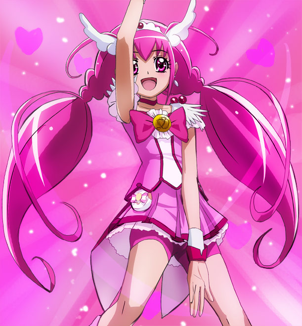 armpits, bike_shorts, cure_happy, cure_happy_pose, dress, haruyama, head_wings, hoshizora_miyuki, long_hair, magical_girl, open_mouth, pink, pink_background, pink_dress, pink_eyes, pink_hair, precure, shorts_under_skirt, smile, smile_precure!, solo, tiara, twintails