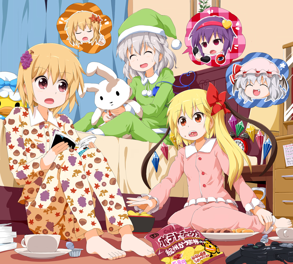 aki_minoriko, aki_shizuha, alarm_clock, barefoot, bat_wings, bed, bedroom, blonde_hair, blue_hair, book, bow, chestnut, chips, clock, closed_eyes, controller, cup, eating, eyeball, fang, flandre_scarlet, food, food_themed_clothes, fruit, game_controller, grapes, grey_hair, hair_bow, hair_ornament, hairband, hat, komeiji_koishi, komeiji_satori, leaf, leaf_on_head, long_hair, multiple_girls, nightcap, open_book, open_mouth, pajamas, phone, plate, potato_chips, purple_eyes, purple_hair, red_eyes, remilia_scarlet, saucer, short_hair, side_ponytail, sitting, sleepover, stuffed_animal, stuffed_bunny, stuffed_duck, stuffed_toy, sweets, third_eye, touhou, trait_connection, tsurukou_(tksymkw), wariza, wings, word_bubble, yukkuri_shiteitte_ne