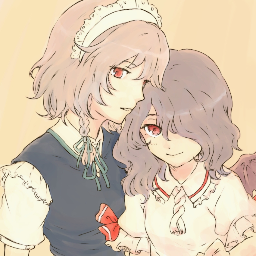 bad_id, braid, bust, face, hair_over_one_eye, izayoi_sakuya, long_hair, maid_headdress, multiple_girls, noko_(iamsimply2000), purple_hair, red_eyes, remilia_scarlet, ribbon, short_hair, silver_hair, smile, touhou