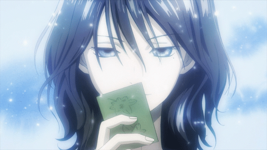 1girl, animated, animated_gif, black_hair, blue_eyes, card, chihayafuru, light_particles, solo, wakamiya_shinobu