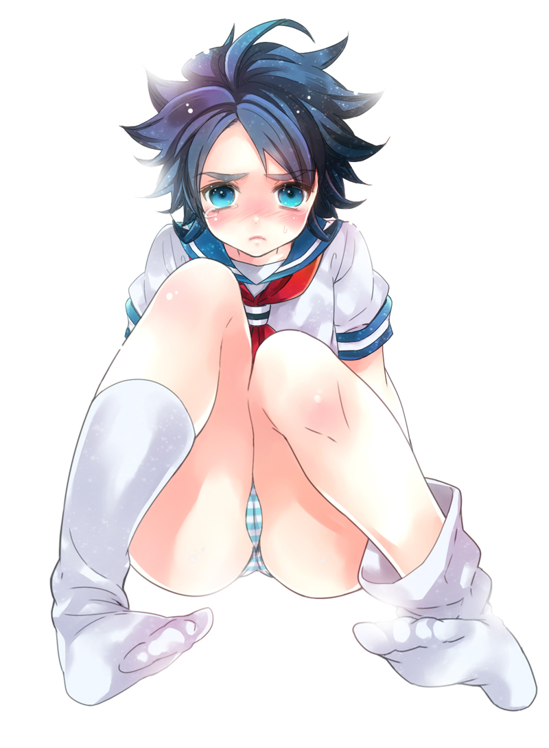 bad_id, blue_eyes, blue_hair, blue_striped_panties, blush, crossdressinging, inazuma_eleven, inazuma_eleven_(series), inazuma_eleven_go, kokonoe_(saku), male, panties, short_hair, striped, striped_panties, tears, trap, underwear, yukimura_hyouga