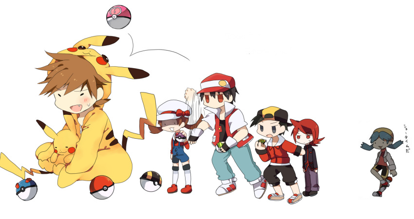 2girls, 4boys, alternate_costume, ball_request, baseball_cap, black_eyes, black_hair, blue_hair