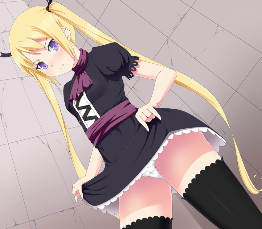 black_legwear, blonde_hair, dress, dress_lift, highres, juujika, nina_(juujika), purple_eyes