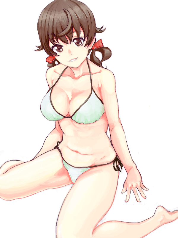 breasts, brown_eyes, brown_hair, cleavage, drawr, ed69, guilty_crown, hair_ribbon, menjou_hare, navel, ribbon, side-tie_bikini, sitting, smile, swimsuit, twintails, wariza