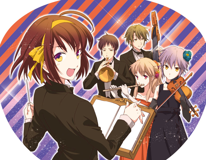 bad_id, band, bass_guitar, baton_(instrument), blue_hair, bowtie, brown_hair, choker