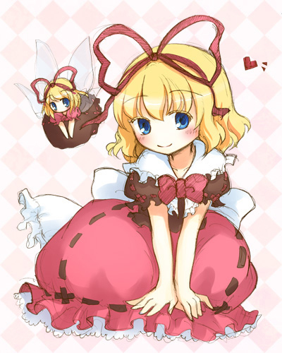 arm_support, blonde_hair, blue_eyes, bow, doll, dress, hair_ribbon, lowres, medicine_melancholy, mito_tsubaki, ribbon, short_hair, short_hait, smile, solo, su-san, touhou, wings