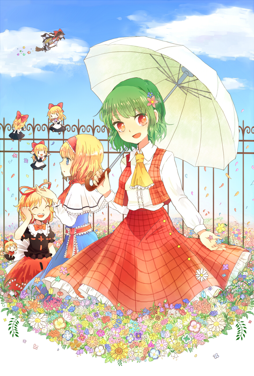 alice_margatroid, ascot, blonde_hair, blue_eyes, bow, breasts, broom, broom_riding, brown_hair, capelet, child, cloud, doll, dress, dress_shirt, fence, flower, flower_field, flying, green_hair, hair_bow, hair_flower, hair_ornament, hair_ribbon, hair_tubes, hairband, hakurei_reimu, happy, hat, highres, kazami_yuuka, kirisame_marisa, manukedori, medicine_melancholy, mozukuzu_(manukedori), multiple_girls, open_mouth, plaid, plaid_skirt, plaid_vest, red_eyes, ribbon, sash, shanghai_doll, shirt, short_hair, skirt, sky, smile, star, su-san, touhou, umbrella, vest, wings, witch, witch_hat, youkai