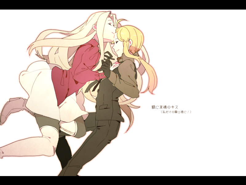 ahoge, bad_id, black_gloves, blonde_hair, boots, closed_eyes, eyes_closed, fate/zero, fate_(series), fingers_clasped, forehead_kiss, formal, gloves, hand_on_another's_chest, high_heels, irisviel_von_einzbern, kiss, letterboxed, long_hair, multiple_girls, necktie, pant_suit, pantyhose, ponytail, saber, shoes, suit, takumi_(scya), thigh-highs, thigh_boots, thighhighs, vest, waistcoat, white_hair, yuri