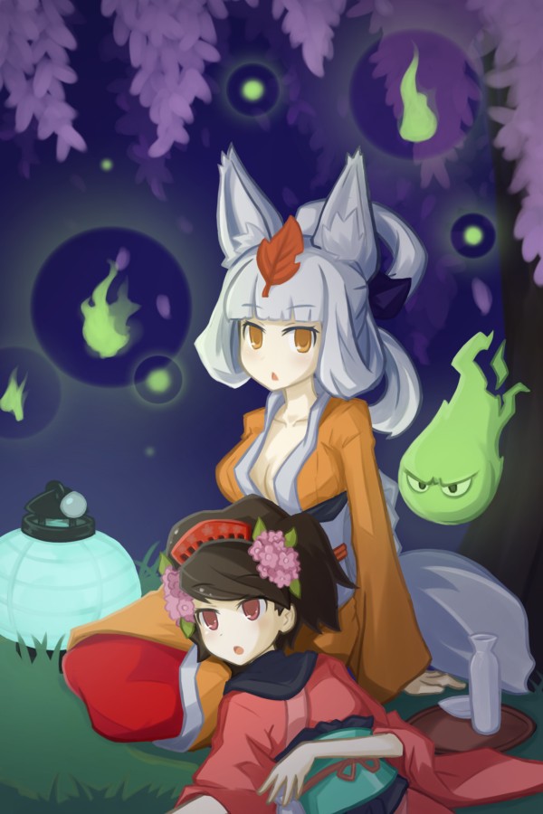 animal_ears, black_hair, bottle, breasts, brown_eyes, cleavage, drawfag, flower, fox_ears, fox_tail, ghost, hair_flower, hair_ornament, hair_up, japanese_clothes, jinkuro, kimono, kongiku, lantern, lap_pillow, large_breasts, leaf, leaf_on_head, long_hair, momohime, multiple_girls, obi, oboro_muramasa, open_kimono, paper_lantern, red_eyes, sake_bottle, silver_hair, sitting, tail, tokkuri, yokozuwari