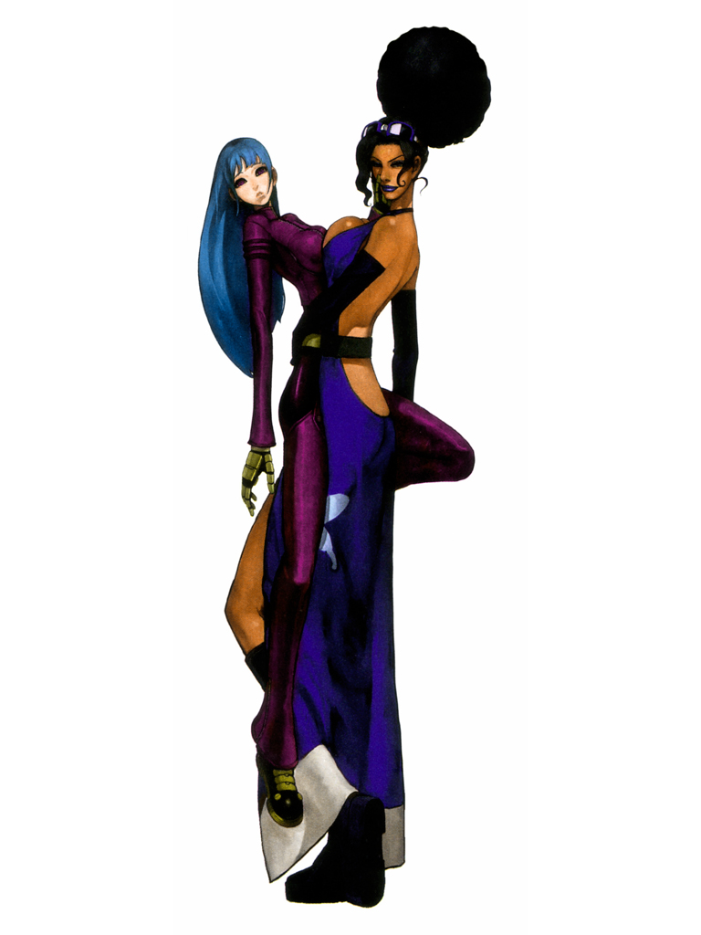 asymmetrical_docking, bare_back, big_hair, black_hair, blue_hair, blue_lipstick, bodysuit, breast_press