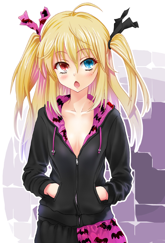 anti_(untea9), blonde_hair, blue_eyes, blush, boku_wa_tomodachi_ga_sukunai, breasts, cleavage, hair_ribbon