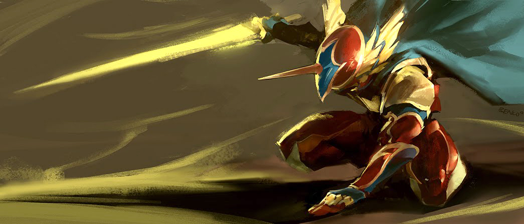 armor, ben_lo, cape, full_armor, head_wings, helmet, horn, male, red_(saga_frontier), saga, saga_frontier, squatting