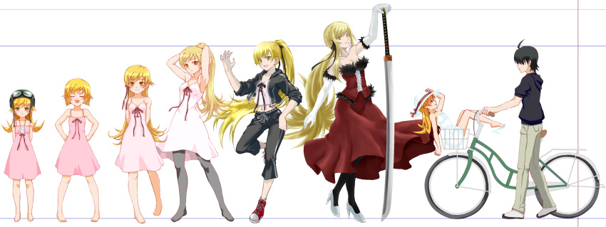 araragi_koyomi, bakemonogatari, bicycle, dualscreen, hizumi, kissshot_acerolaorion_heartunderblade, monogatari_(series), oshino_shinobu