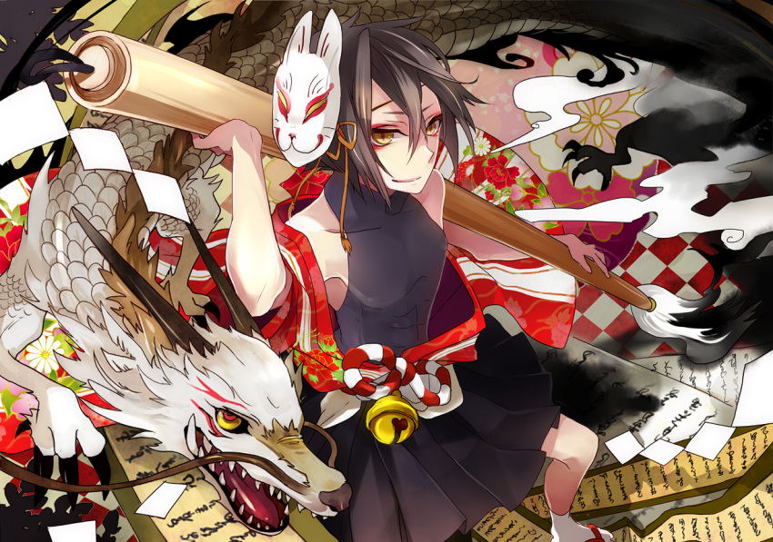 animal, brown_hair, dragon, japanese_clothes, mask, musou_yuchi, original, short_hair
