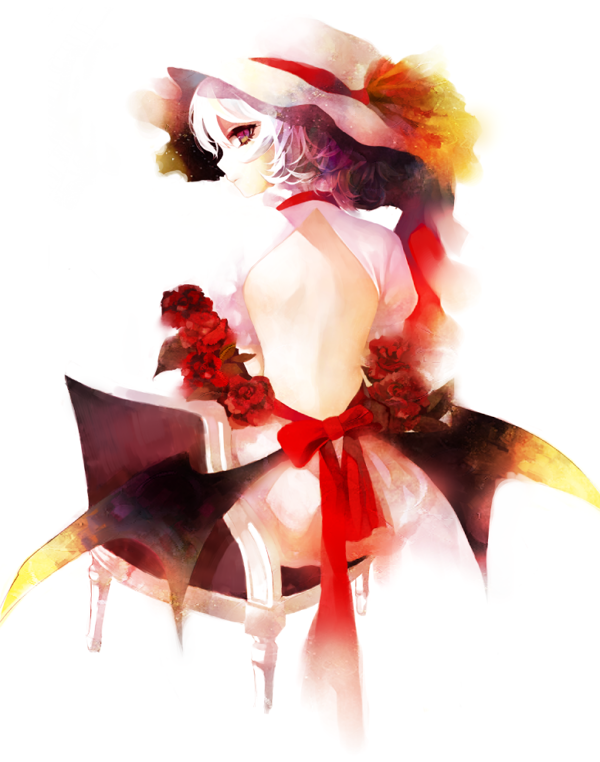 back, bare_back, bat_wings, chair, dress, flower, hat, looking_back