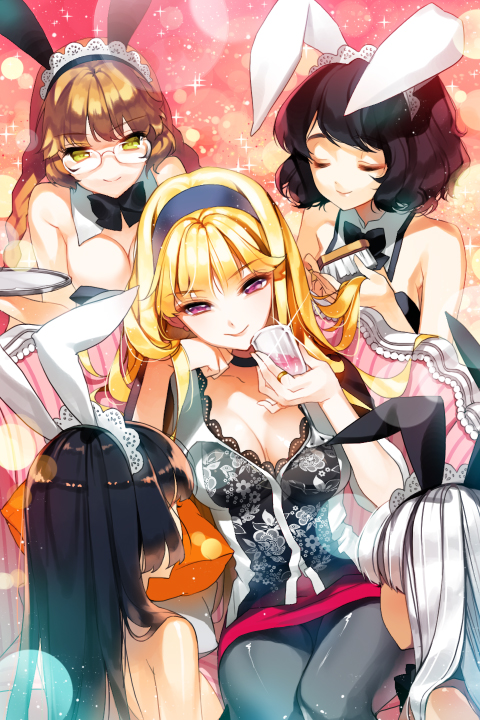 animal_ears, arm_up, armpits, bangs, bare_arms, bare_shoulders, black_hair, black_legwear