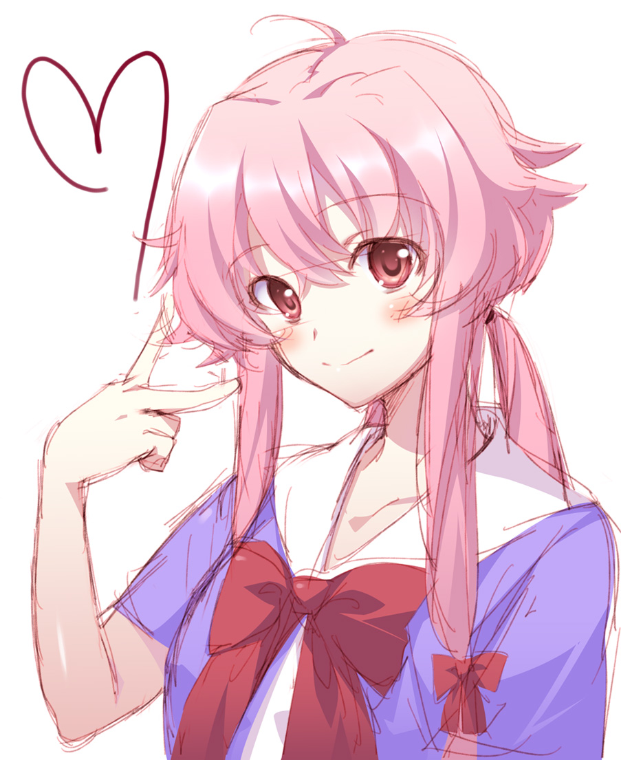 blush, gasai_yuno, heart, long_hair, mirai_nikki, pink_eyes, pink_hair, school_uniform