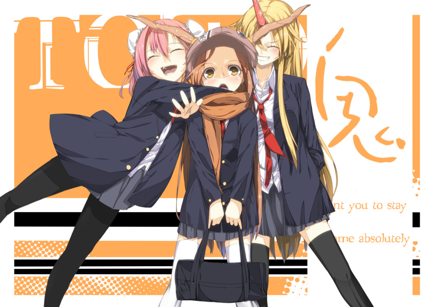 bag, black_legwear, blonde_hair, brown_hair, closed_eyes, contemporary, double_bun, eyes_closed