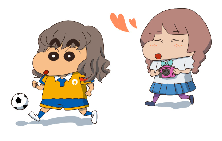 1girl, ball, braid, brown_eyes, brown_hair, camera, chibi, crayon_shin-chan, inazuma_eleven, inazuma_eleven_(series), inazuma_eleven_go, kyanoko, long_hair, open_mouth, parody, purple_legwear, shindou_takuto, short_hair, soccer_ball, soccer_uniform, style_parody, twin_braids, yamana_akane