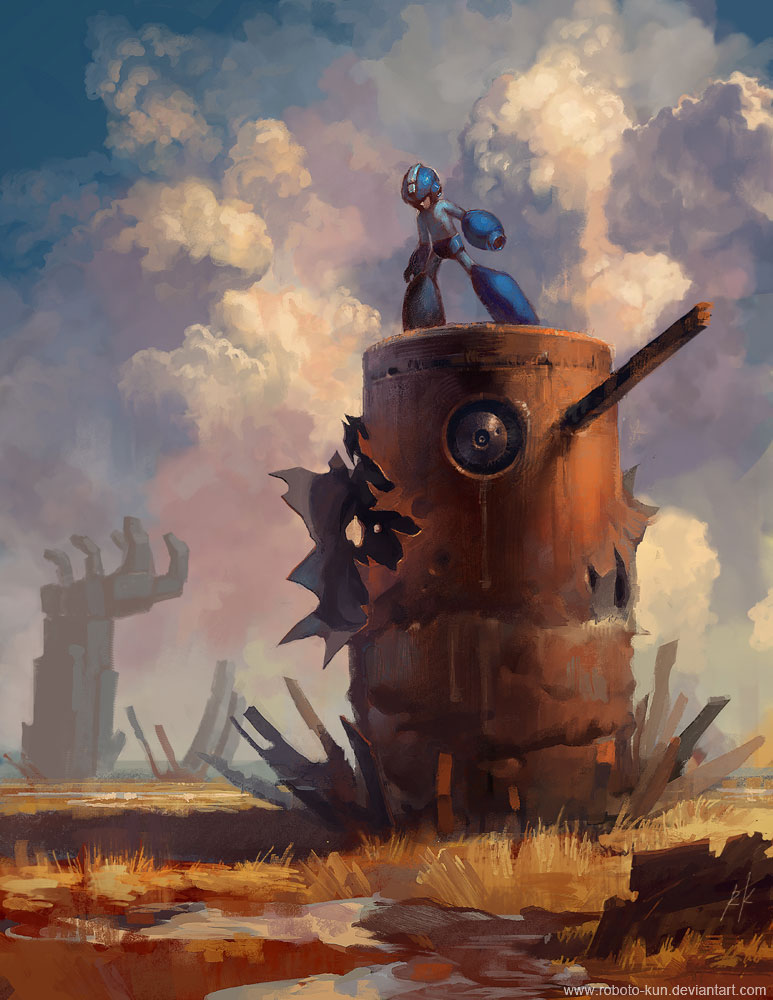 1boy, arm_cannon, armor, cannon, capcom, cloudy_sky, grass, helmet