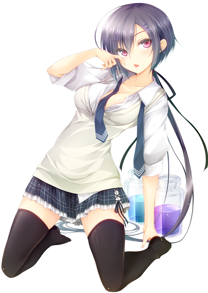 black_hair, black_legwear, breasts, cleavage, frilled_skirt, hair_ornament, hairclip, hand_on_own_face, jar, kaijitsu_asuka, kisei_kanojo_sana, kneeling, long_hair, luna_lia, necktie, official_art, open_clothes, open_shirt, plaid, plaid_skirt, pleated_skirt, ponytail, purple_eyes, skirt, sleeves_rolled_up, solo, thigh-highs, thighhighs, tongue, vest, violet_eyes, zettai_ryouiki