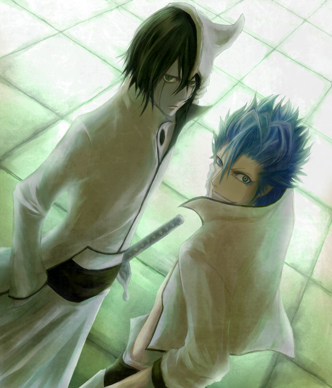 bad_id, black_hair, bleach, blue_hair, espada, green_eyes, grimmjow_jaegerjaquez, maboroshi, sword, ulquiorra_cifer, ulquiorra_schiffer, weapon, yamamomo