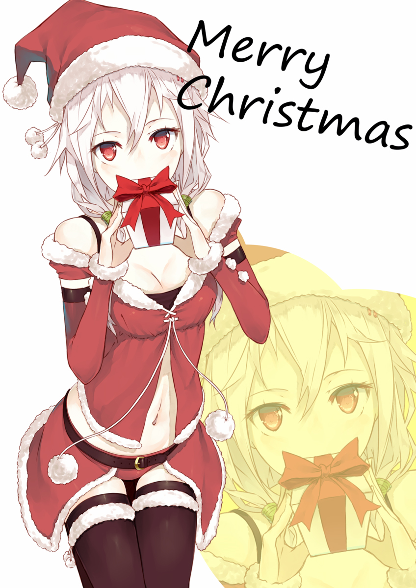 ako_(nedm), bare_shoulders, belt, black_legwear, christmas, covering, covering_face, covering_mouth