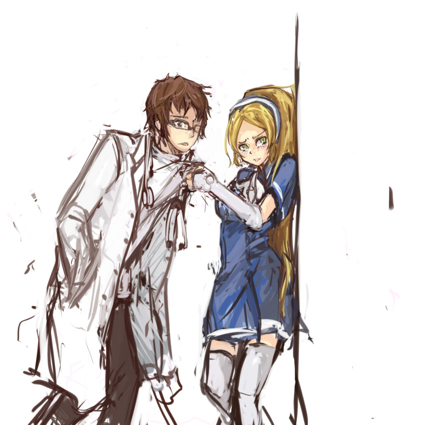 1girl, blonde_hair, brown_hair, chou_shittou_caduceus, elbow_gloves, fingerless_gloves, glasses, gloves