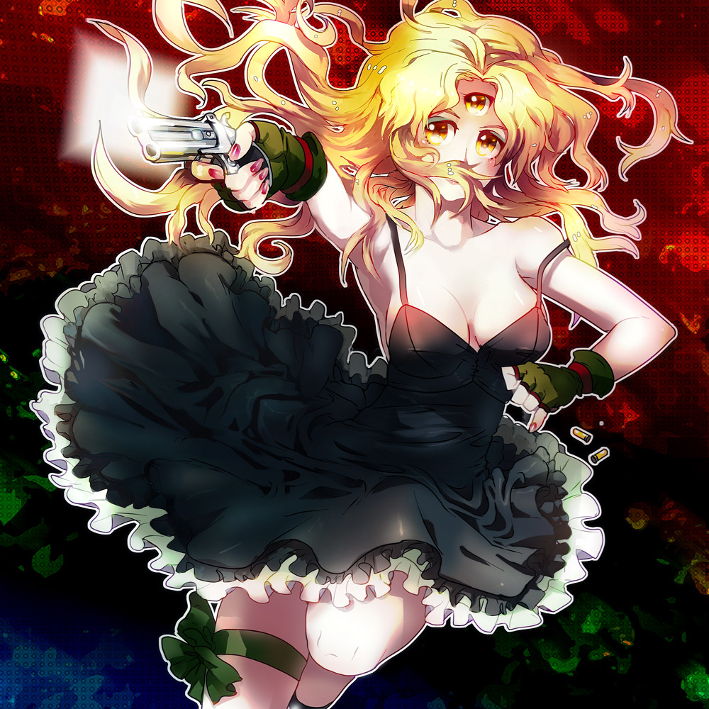 black_dress, blonde_hair, breasts, collarbone, dress, frills, gloves, gradient