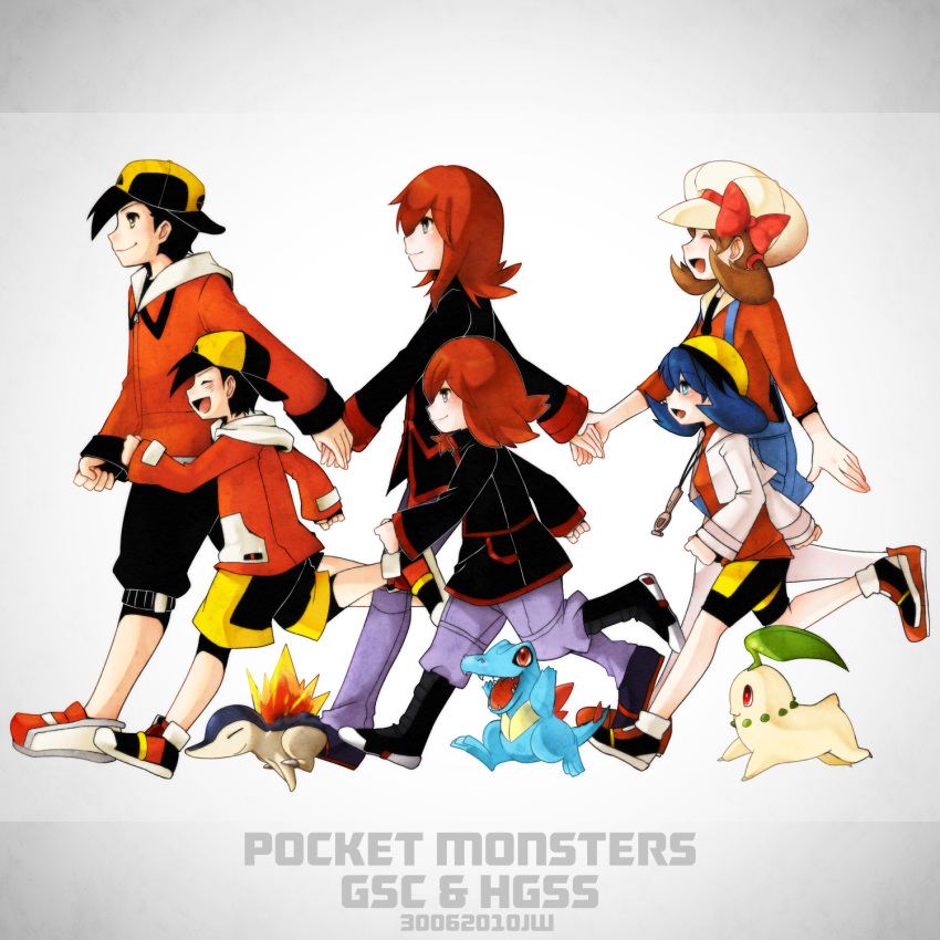 alternate_costume, black_hair, blue_eyes, blue_hair, brown_hair, chikorita, crystal_(pokemon), cyndaquil