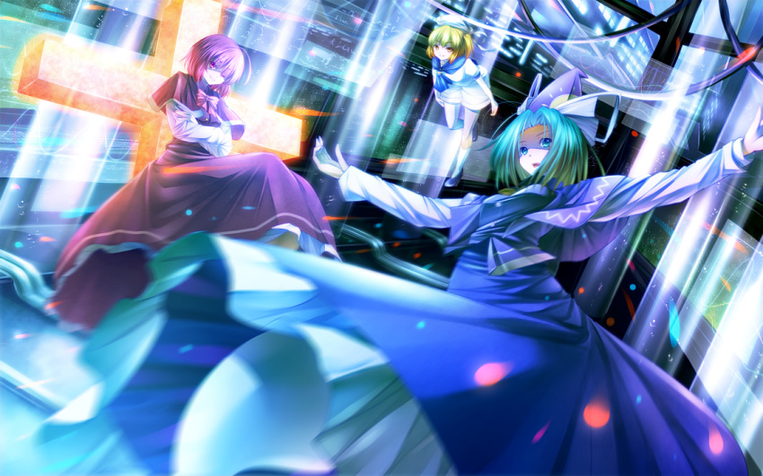 animal_ears, blonde_hair, blue_dress, bow, breasts, cape, capelet, cat_ears