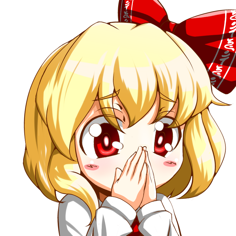 blonde_hair, blush_stickers, covering, covering_face, covering_mouth, face, roco_(katsuya1011), rumia, short_hair, simple_background, solo, the_embodiment_of_scarlet_devil, too_low_salary, touhou, youkai