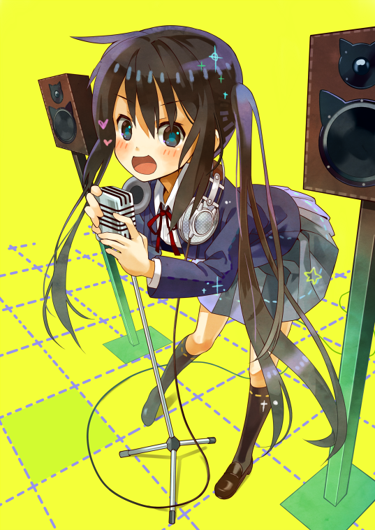 black_eyes, black_hair, headphones, k-on!, long_hair, microphone, microphone_stand, nakano_azusa