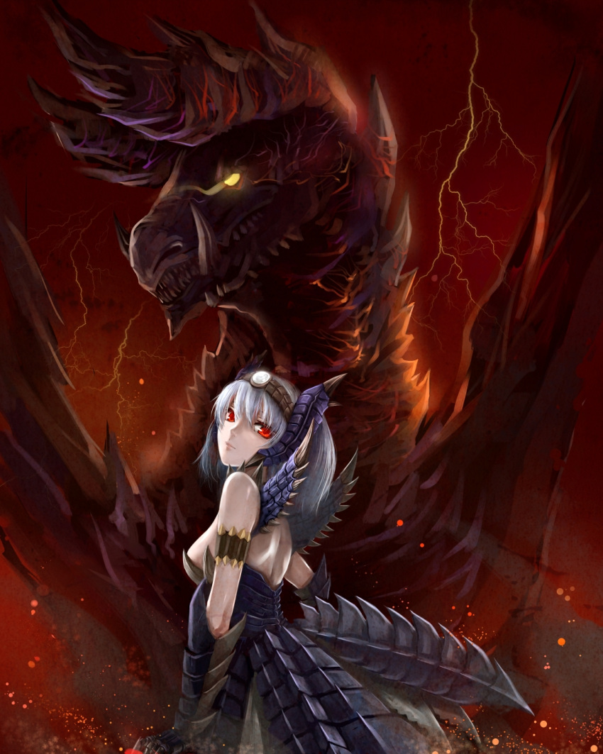 alatreon, alatreon_(armor), armband, armor, back, blue_hair, breasts, dragon