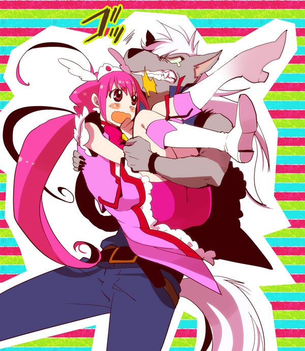 1girl, :o, angry, belt, bike_shorts, boots, carrying, clenched_teeth