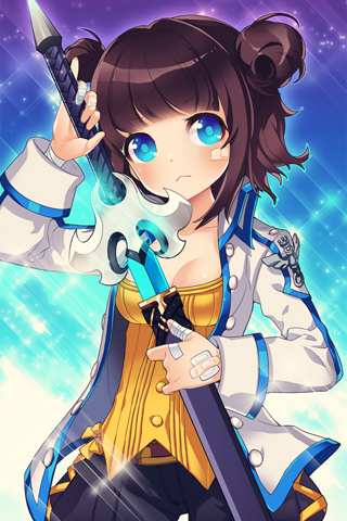:<, artist_request, bandage, bandages, bandaid, bangs, blue_eyes, breasts