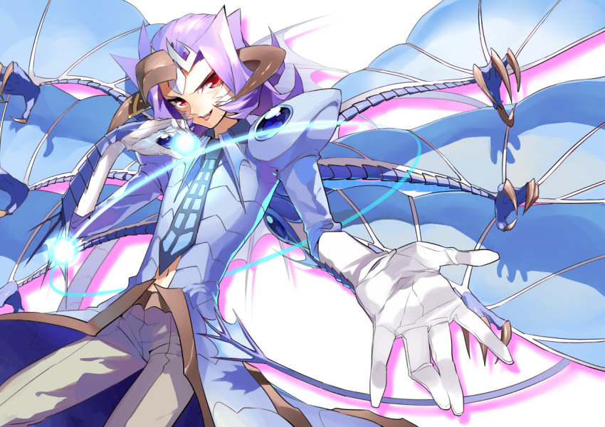 dragon_boy, dragon_horns, dragon_wings, gloves, horns, kamishiro_ryoga, kamishirou_ryouga, kushabiria, male, purple_hair, red_eyes, solo, white_gloves, wings, yu-gi-oh!, yuu-gi-ou, yuu-gi-ou_zexal