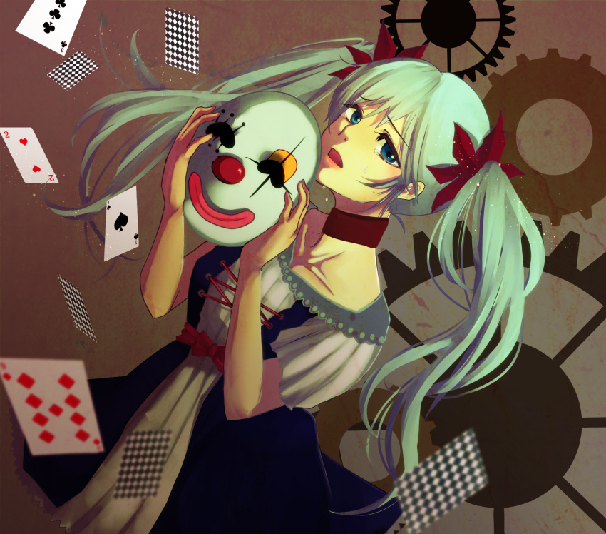 aqua_eyes, asanome, card, choker, dress, gears, green_hair, hatsune_miku, highres, karakuri_pierrot_(vocaloid), long_hair, mask, open_mouth, solo, tears, twintails, vocaloid