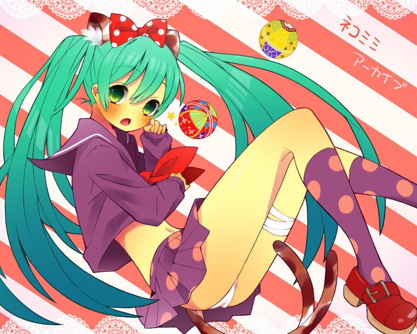 animal_ears, bandage, bandages, blush, cat_ears, cat_tail, doily, green_eyes