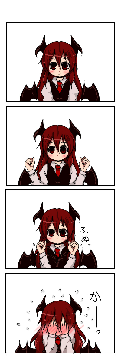 4koma, bat_wings, black_dress, blush, breast_squeeze, breasts, clenched_hands, comic