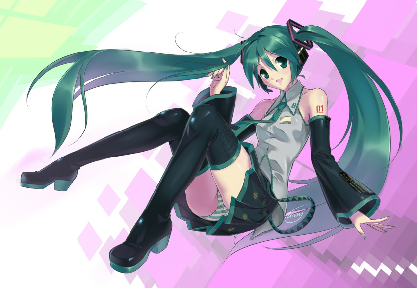 aqua_eyes, aqua_hair, bare_shoulders, boots, detached_sleeves, hatsune_miku, headset, long_hair, nail_polish, necktie, open_mouth, panties, pantyshot, pantyshot_(sitting), pantyshot_sitting, pleated_skirt, sakyuu_(flandis), signature, simple_background, sitting, skirt, sleeveless, sleeveless_shirt, smile, solo, striped, striped_panties, thigh-highs, thigh_boots, thighhighs, twintails, underwear, very_long_hair, vocaloid