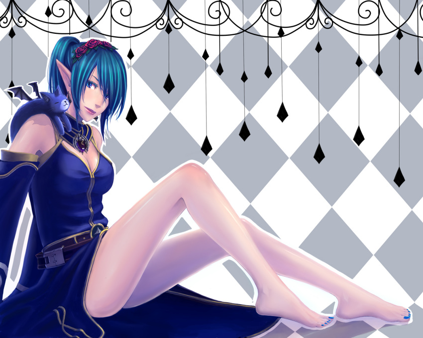 argyle, argyle_background, bare_legs, bare_shoulders, barefoot, belt, blue_eyes, blue_hair